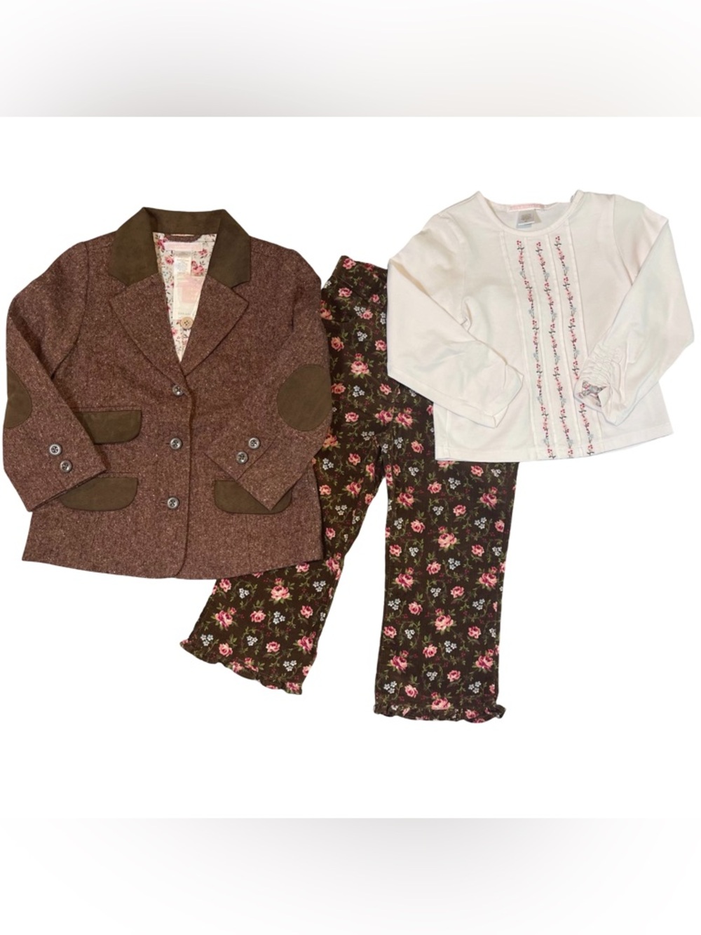 Janie and Jack Riding Club Brown Tweed Jacket,  Cream Top & Floral Pants 3T